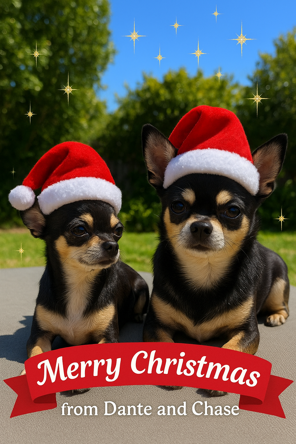dante and chase christmas with hat in summer and christmas banner
